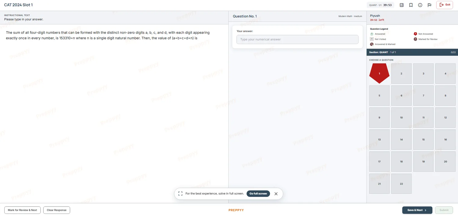 Preppyy mock test interface simulating the real CAT - timer, section, question palette and answer entry